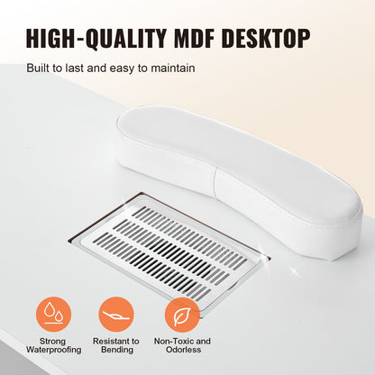 Manicure Table, Nail Table Station With Electric Dust Collector, Moveable Nail Tech Desk With 8 Wheels 4 Lockable, 3 Dust Bag & Wrist Rest, MDF Nail Art Workstation For Spa Beauty Salon, White